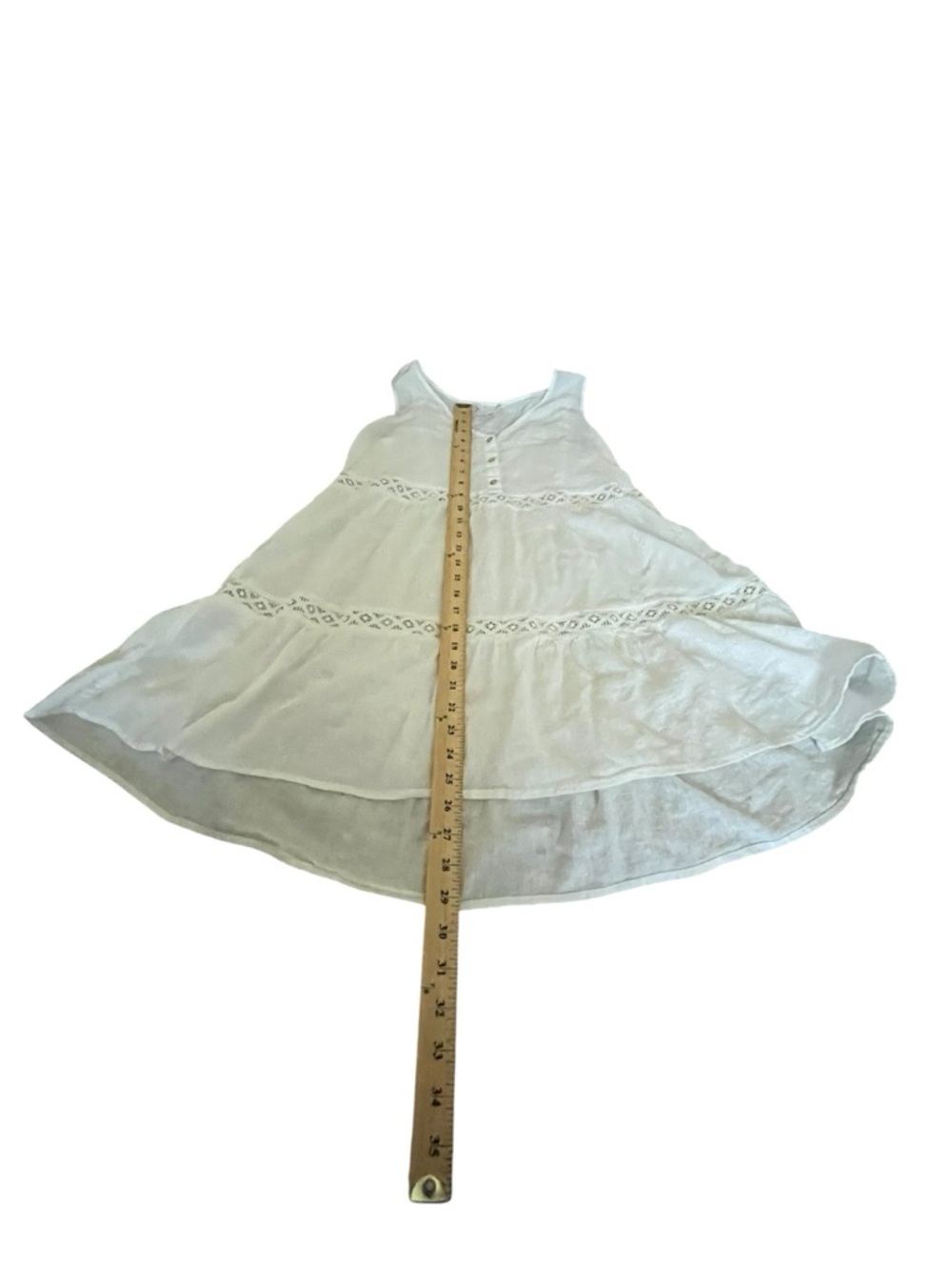 Boho White Tiered Beach Cover Up Mini Dress Lace Trim Flowy Medium Linen Blend - Picture 4 of 9
